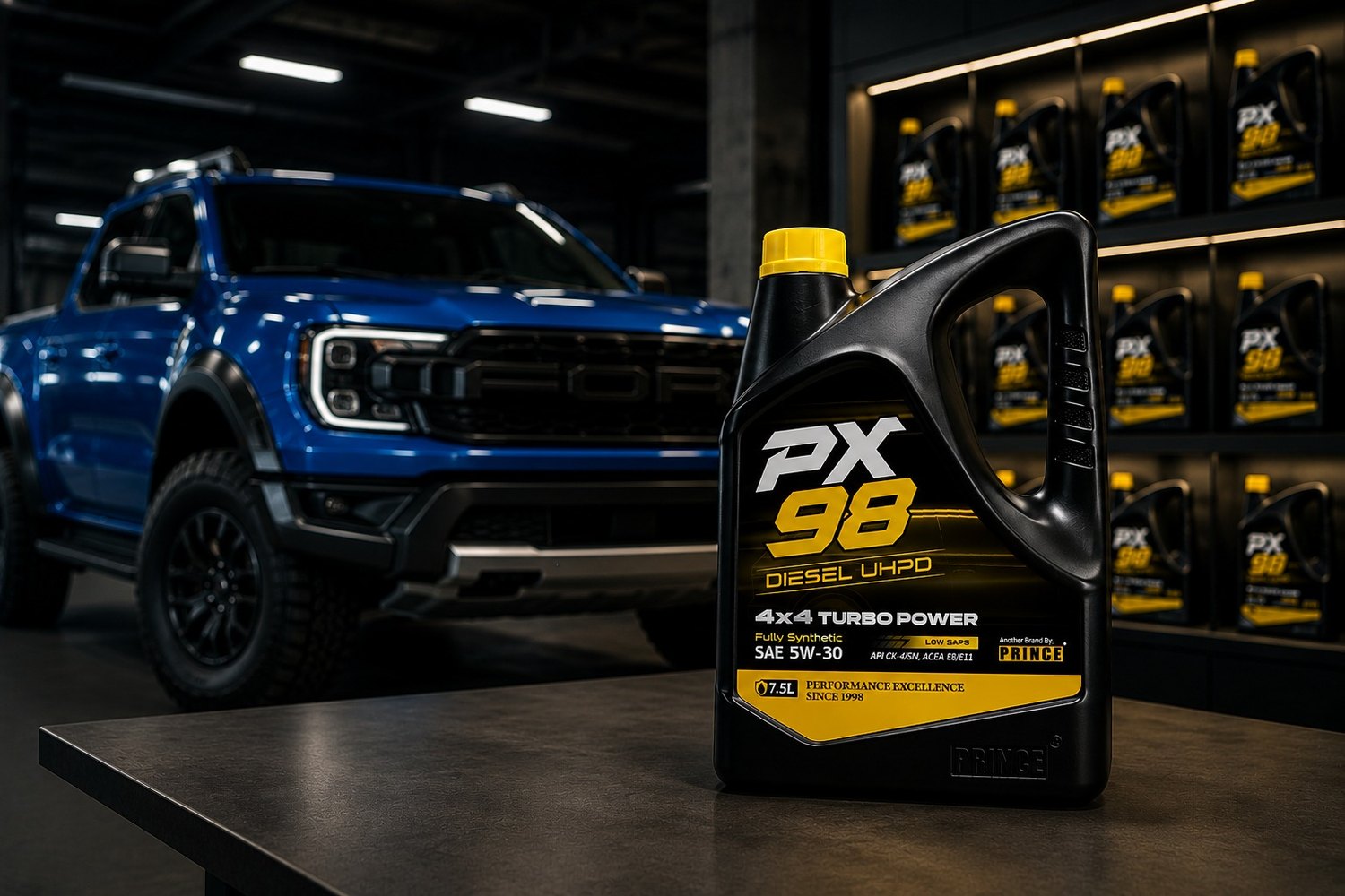 PX98 4x4 Turbo Power diesel oil in front of a pickup, with stock on the racking behind