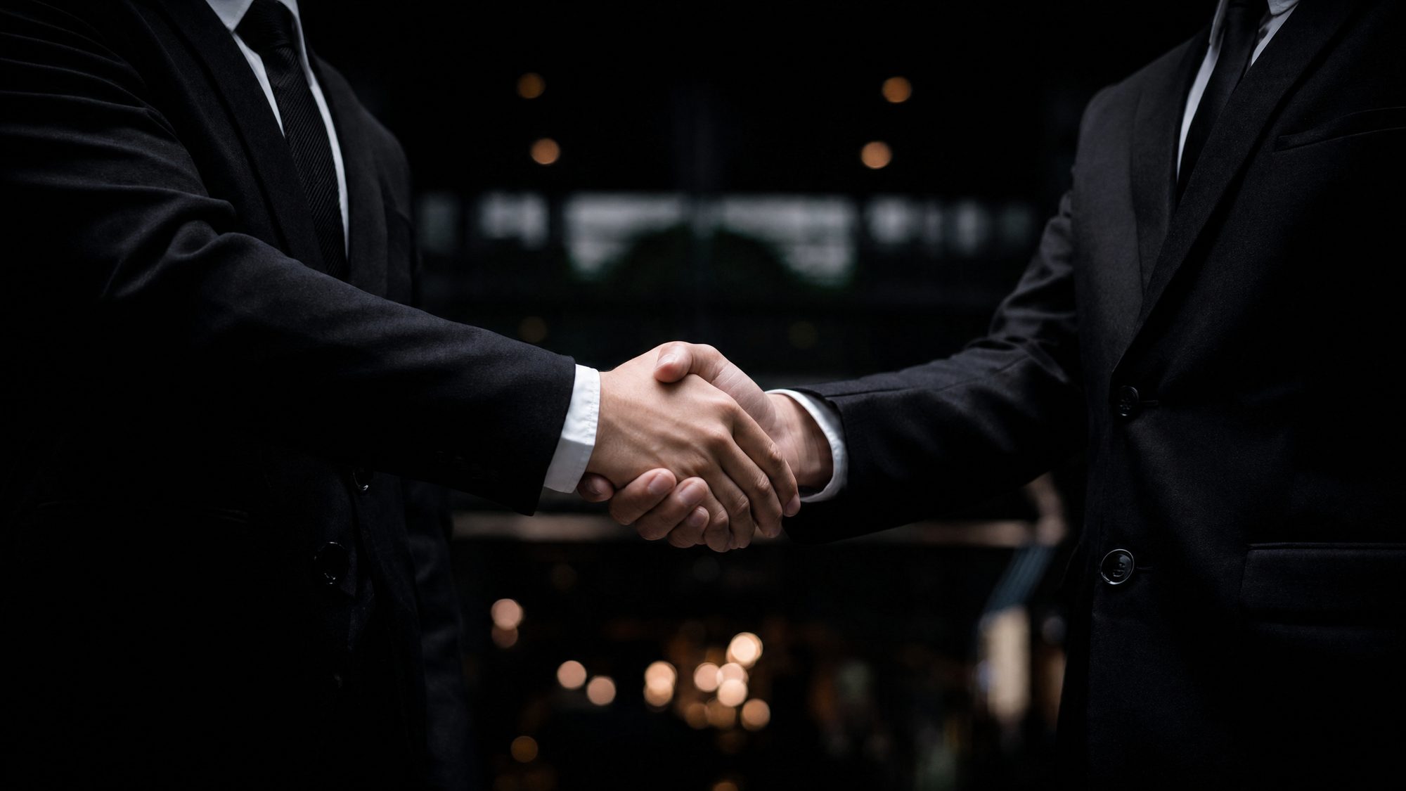Two people in business suits shaking hands