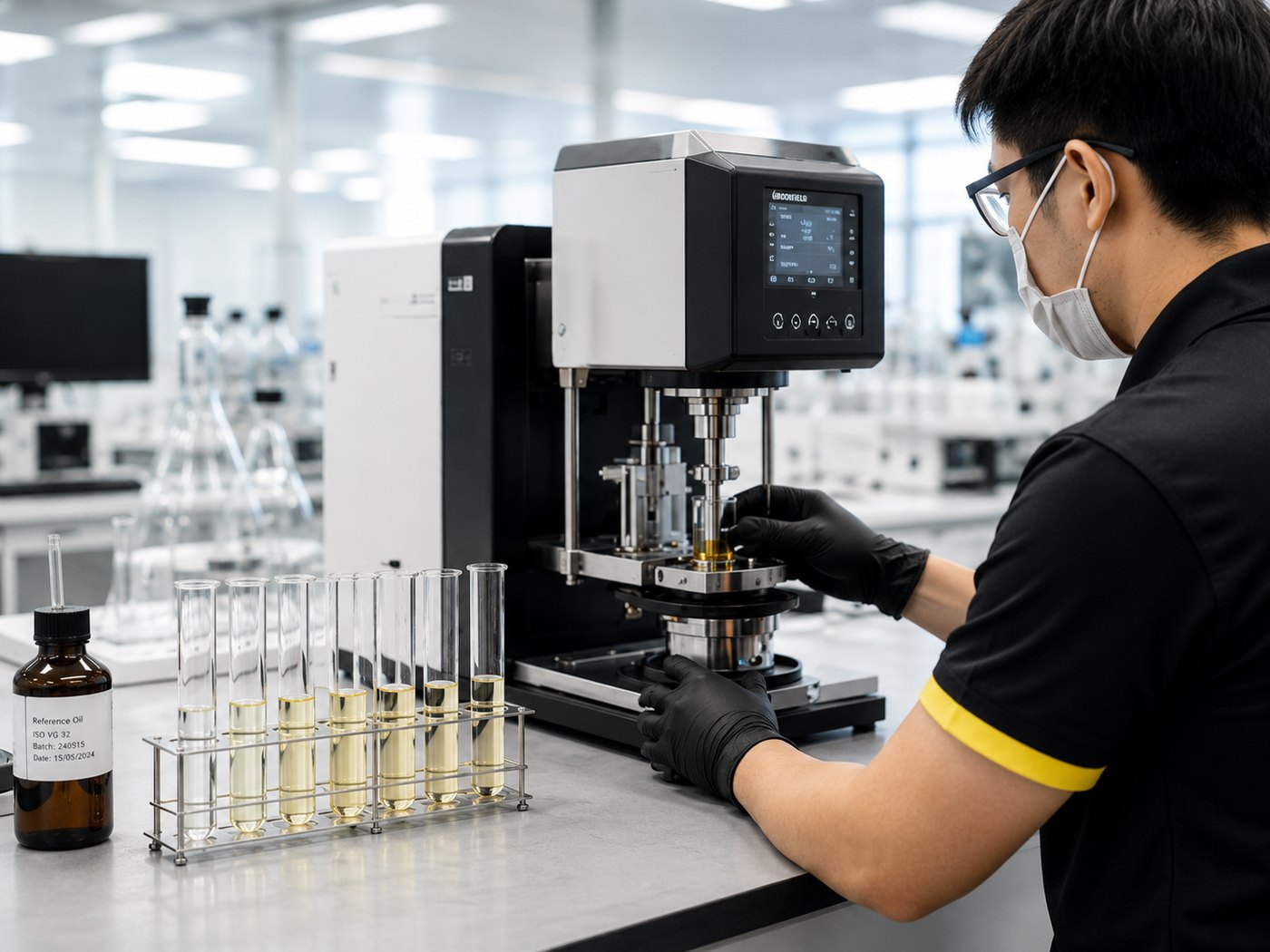 A PX98 technician running a viscosity test on a reference oil sample