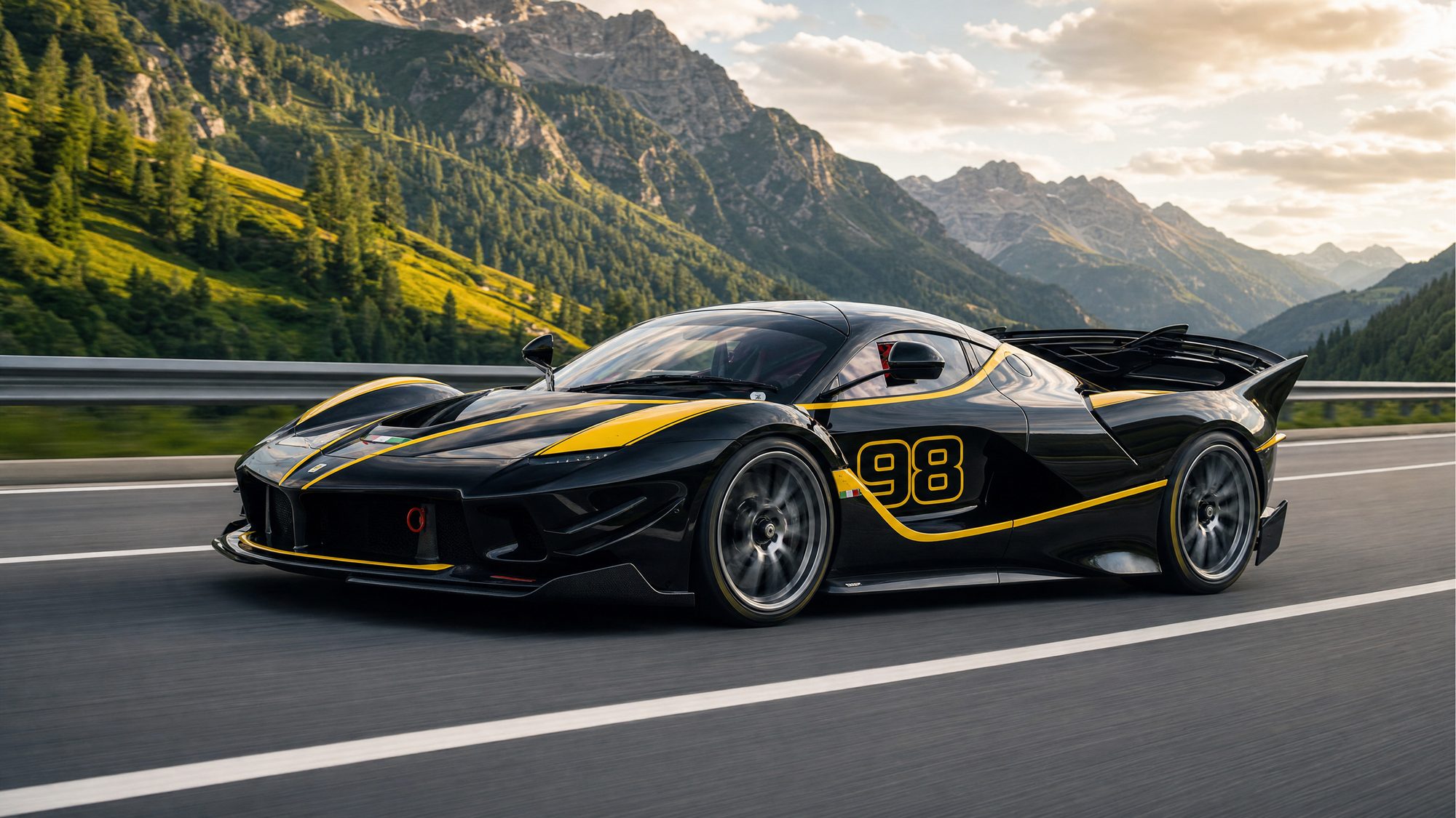 A black and yellow PX98 number 98 race car at speed on a mountain highway