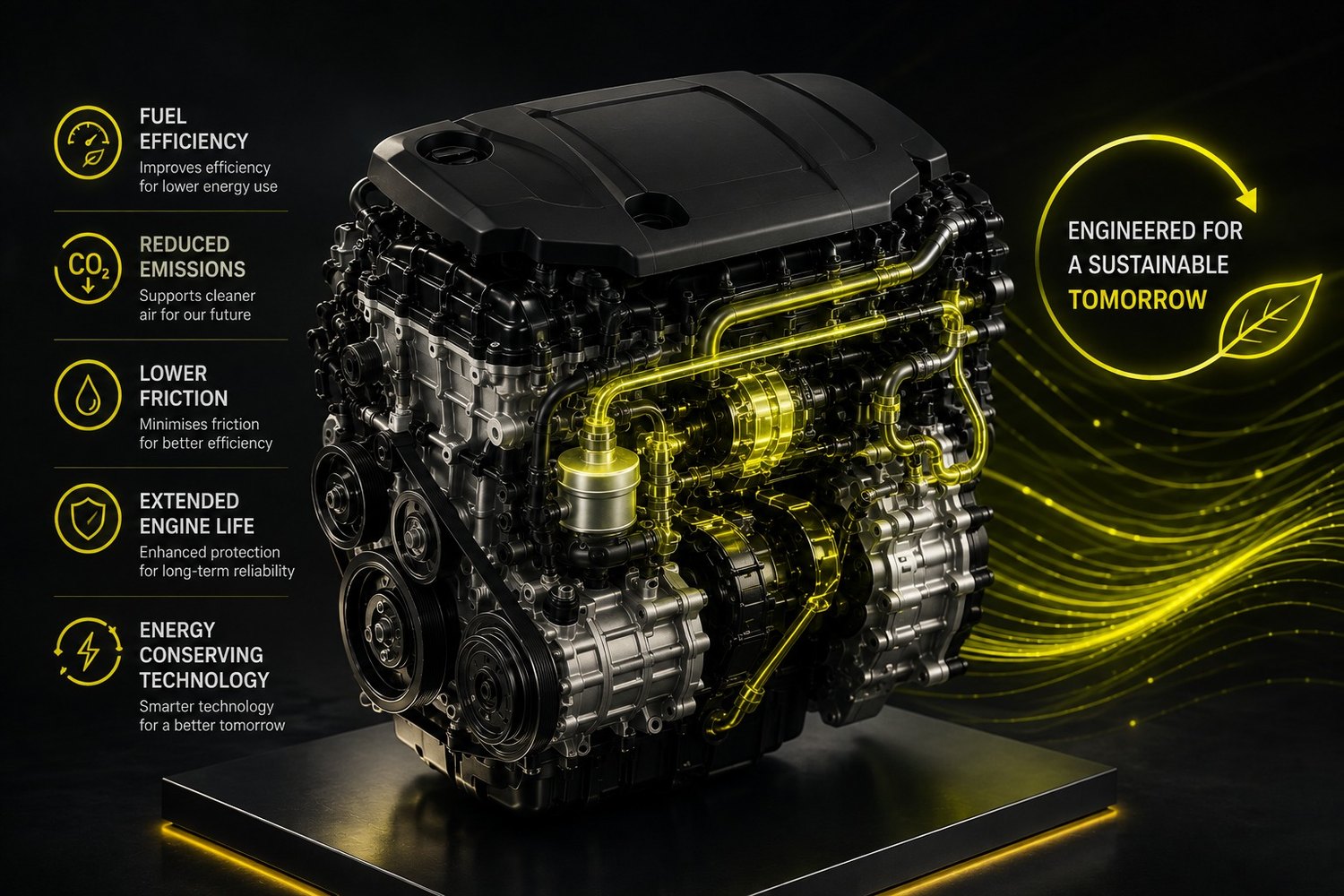 A cutaway engine showing the five things PX98 lubrication is engineered to improve: fuel efficiency, reduced emissions, lower friction, extended engine life and energy conserving technology